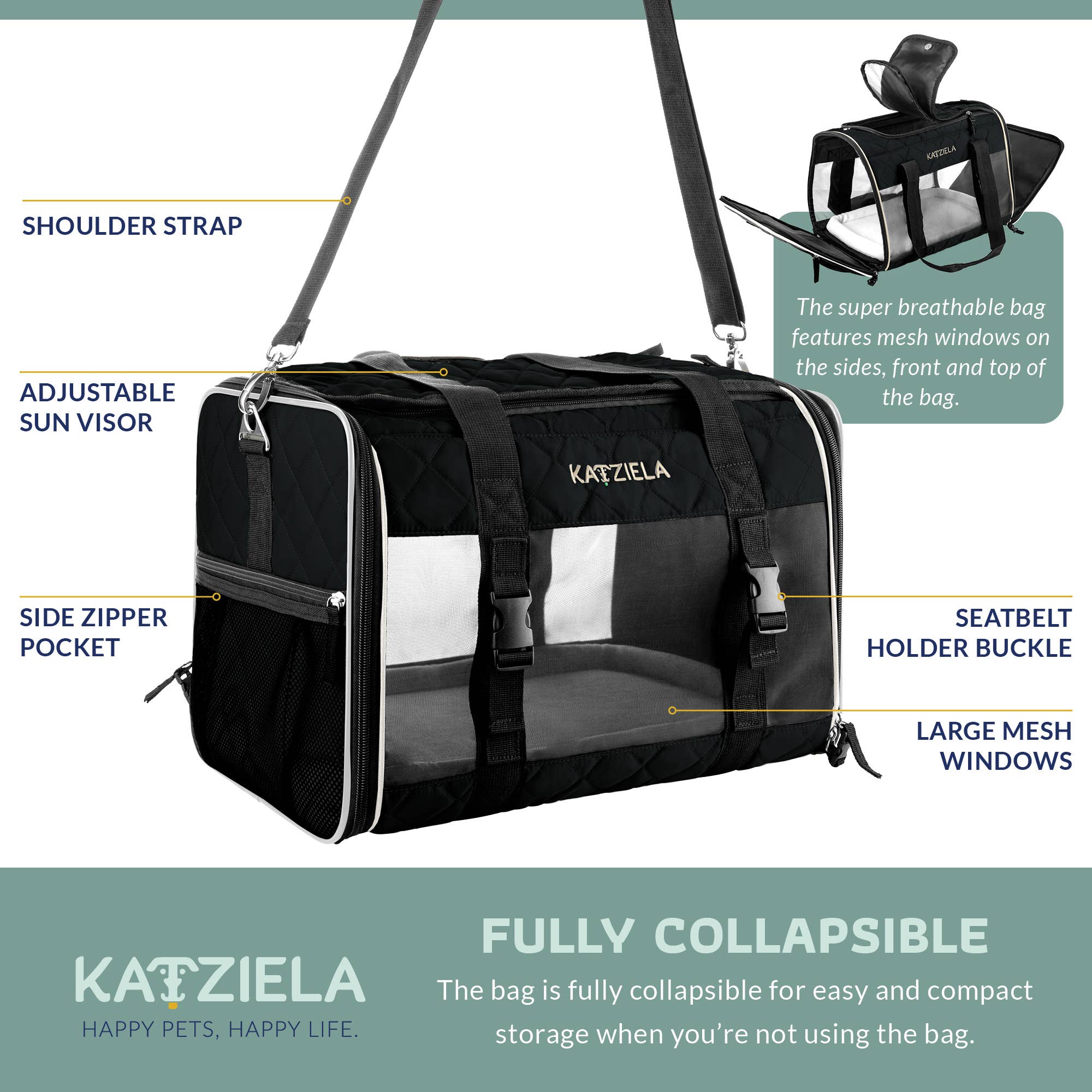 Katziela Airline Compliant Quilted Companion Cat & Dog Carrier - Black