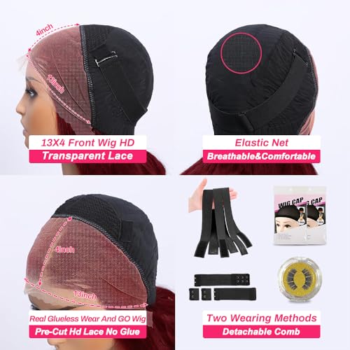 13x4 Straight Lace Front Wigs Human Hair 99J Burgundy HD Lace Front Wigs Human Hair Pre Plucked with Baby Hair 150 Density Human Hair Wigs for Black Women(16Inch)