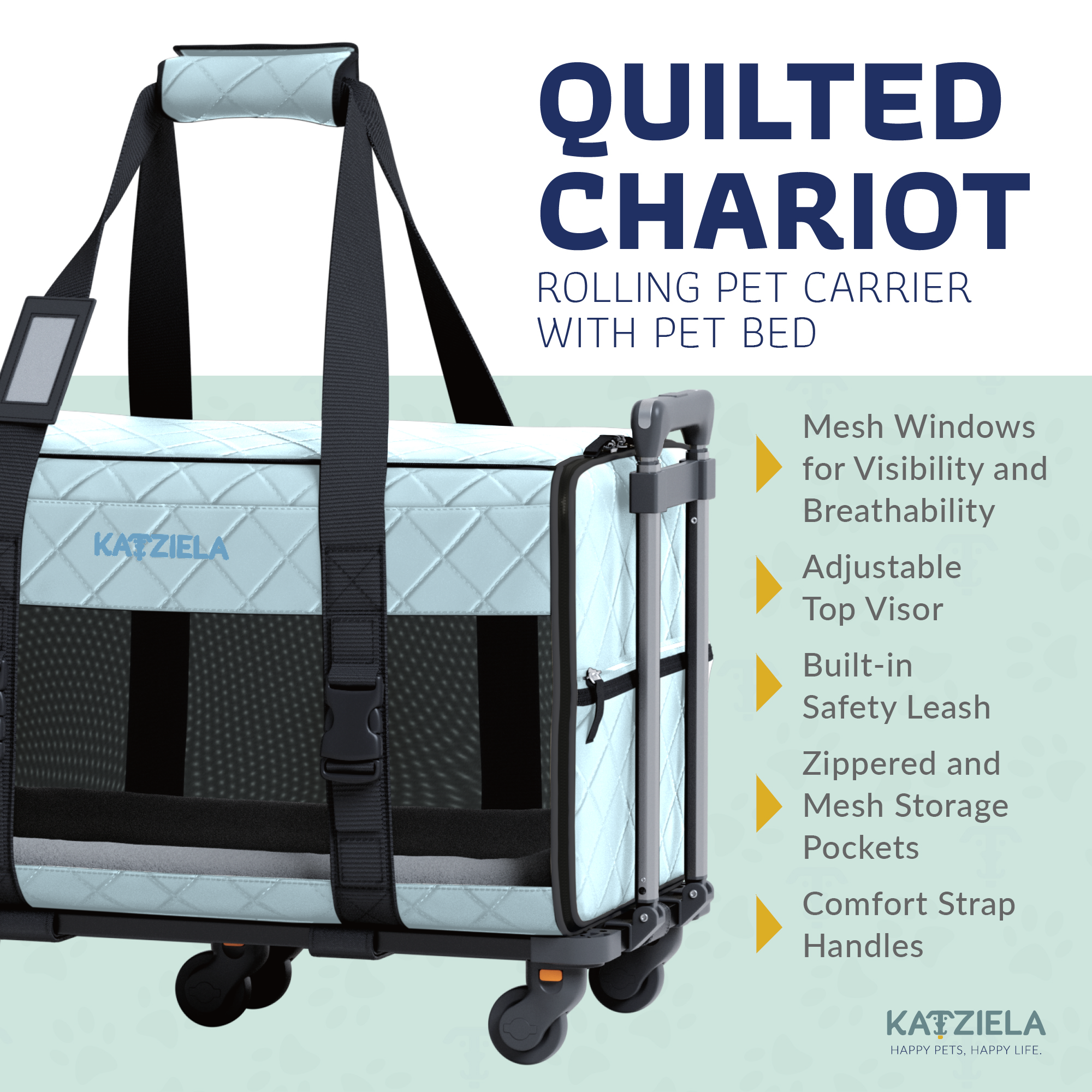 Katziela Quilted Chariot Pet Carrier With Removable Wheels and Telescopic Handle