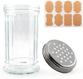 12 oz Retro Style Glass Sugar Shakers Dispenser, Glass Jar, Sugar Shaker, Stainless Steel Pour-Flap Lid, For Sugar/Cinnamon/Bee Pollen/pepper and other spices (Perforated Lid-1pc)