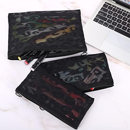 12 Pieces Zipper Nylon Mesh Pouch, Mesh Cosmetic Bags Makeup Bags Pencil Case, Multipurpose Travel Bags for Cosmetic School Office Supplies and Travel Accessories (Black Lace, Assorted Sizes)