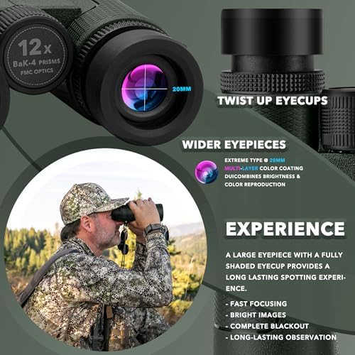 12x42 High Powered Binoculars with Harness, Optical Solution Features Bak-4 Prisms & FMC Lens for Bird Watching, Hunting, Extended Travel and Cruise (Green)