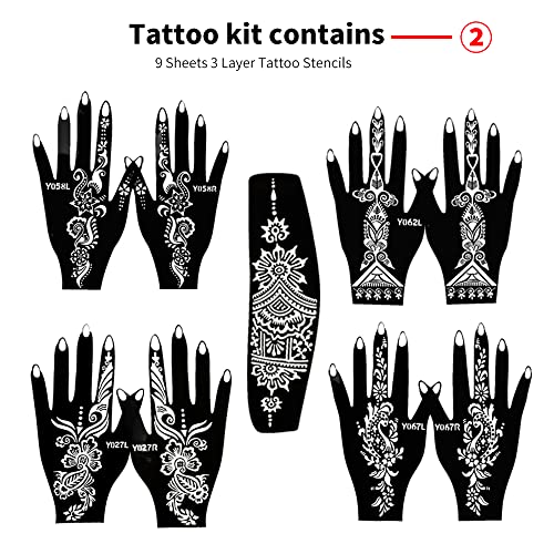 11 Sheets total 84 Tattoo Patterns, 6 Pcs 3 Color (Brown Black Maroon) Temporary Tattoo Kit, Tattoo Stencils Kit