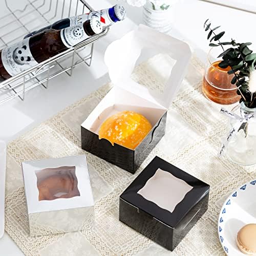 100Pcs Paper Cookie Boxes With Window Small Bakery Boxes 4x4x2.5 Inches Mini Cake Boxes For Pastries,Cupcakes,Desserts,Donuts,Chocolate Strawberries,Candy,Treat Boxes(4 * 4 * 2.5,Black)