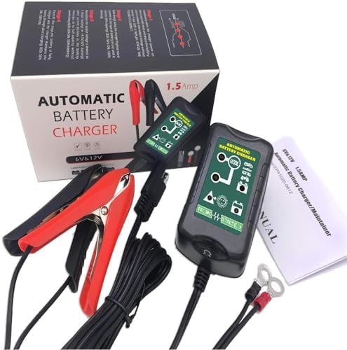 12V / 6V Battery Trickle Charger Maintainer, 1.5A Automatic Smart Float Charger Battery Charger for Motorcycle Lawn Mower Car Boat Tractor ATV, SLA VRLA Gel Cell AGM Lead Acid Batteries