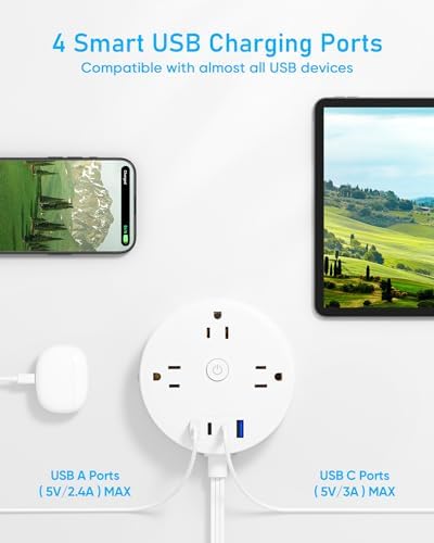 10FT 2 Prong Power Strip, Yozisital 2 Prong to 3 Prong Outlet Adapter, Flat Extension Cord, Surge Protector with Rotating Plug, 6 Outlets 4 USB(2 USB C), Wall Mount, Ideal for Non-Grounded Outlets