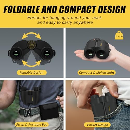 10x25 Compact Binoculars for Adults and Kids, Large Eyepiece Waterproof Binocular with Low Light Vision, High Powered Easy Focus Small Binoculars for Bird Watching, Outdoor Hunting, Travel, Concerts