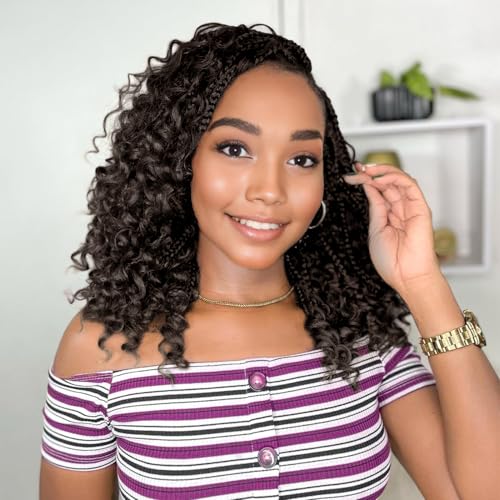 14 Inch Goddess Box Braids Crochet Hair Curly Ends 9 Packs Pre Looped Boho Crochet Box Braids Bohemian Box Braid Crochet Hair For Black Women (14Inch 9Packs,4)