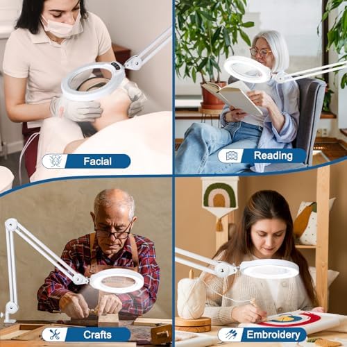 10X Magnifying Glass with Light and Stand, Super Bright 2,200 Lumens LED Magnifying Floor lamp with 5 Wheels Rolling Base, 5 Color Modes Stepless Dimming Lighted Magnifier for Esthetician Facial Salon