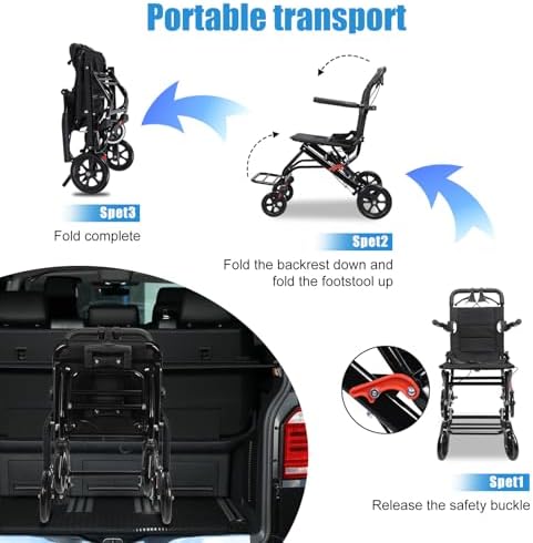 13LBS Transport Wheelchair Lightweight Foldable,Wheelchairs for Adults with Flip-up Armrest,Large Tires,Safety Belt&Shockproof Spring,Portable Wheelchair,Ideal for Seniors & Travel (Black2)
