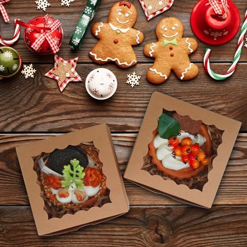100pcs Cookie Boxes 4x4x2.5 Inches: Bakery Boxes with Window, Treat Boxes, Dessert Boxes, Chocolate Covered Strawberries Boxes- Kraft Paper