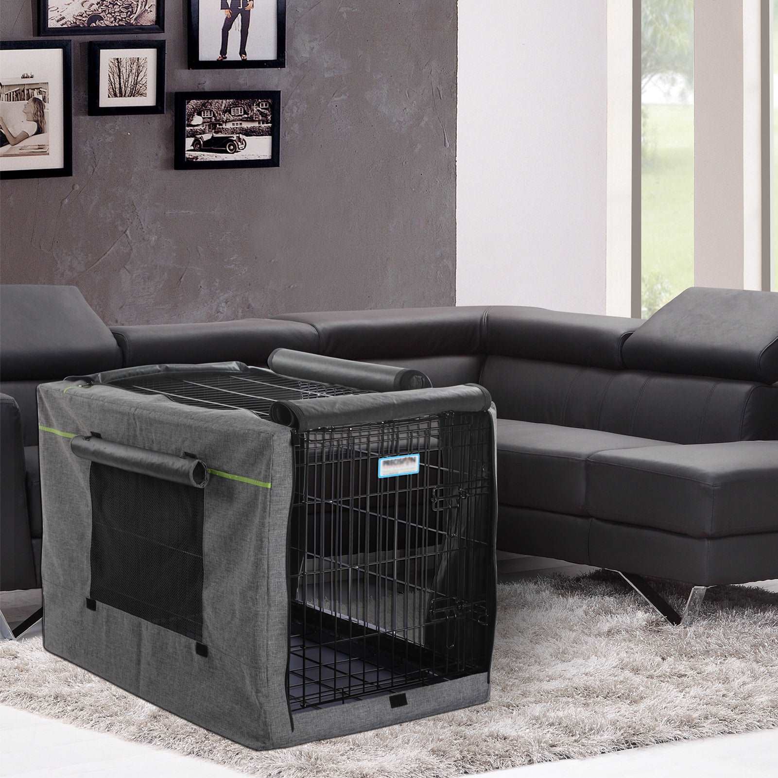 PETSFIT Double Doors Dog Crate Cover Fits Wire Crate Kennel Grey Black