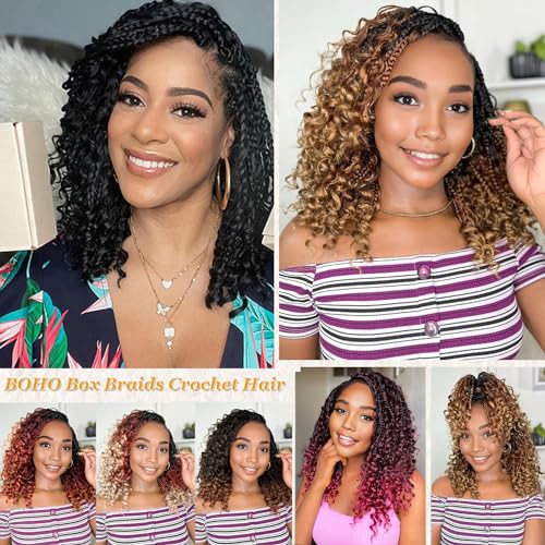 14 Inch Goddess Box Braids Crochet Hair Curly Ends 9 Packs Pre Looped Boho Crochet Box Braids Bohemian Box Braid Crochet Hair For Black Women (14Inch 9Packs,4)