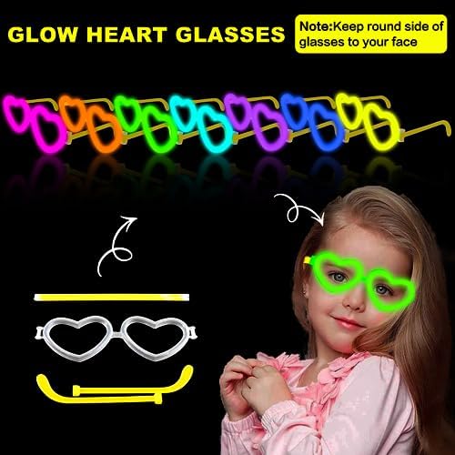 12 Pack Glow Glasses Toys Gifts with 40 Glow Sticks & Connectors (for 12 Glow Heart Glasses & 16 Bracelets), Easter Neon Light Up Party Favor Supplies for Birthday Wedding Camping Dance (kids&Adults)