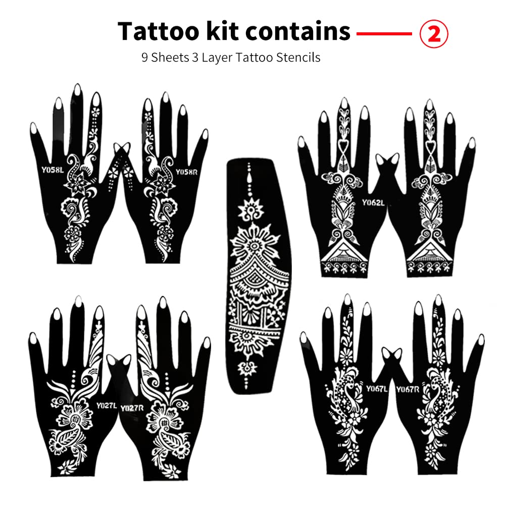 11 Sheets total 84 Tattoo Patterns, 6 Pcs 3 Color (Brown Black Maroon) Temporary Tattoo Kit, Tattoo Stencils Kit