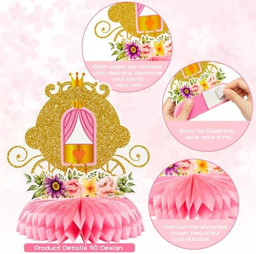 12Pcs Floral Princess Party Honeycomb Centerpieces Princess Theme Party Decorations Supplies Pink and Gold Castle Crown Carriage Baby Shower Birthday Table Toppers for Girls