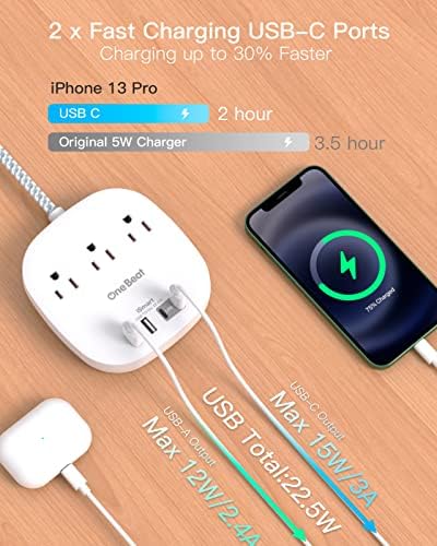 15ft Flat Plug Power Strip, Ultra Flat Extension Cord - 3 Outlets 4 USB Ports (2 USB C) 22.5W/4.5A Desktop Charging Station, Power Strip No Surge Protection for Cruise Ship Dorm Room Travel Essentials
