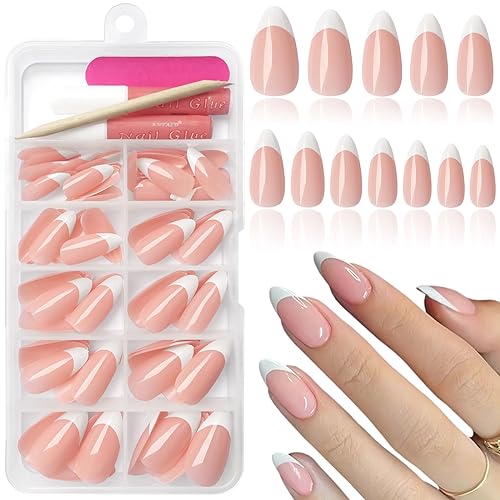 120Pcs White French Tip Press on Nails Almond Shape Fake Nails, Full Cover Glossy Nude False Nails Acrylic Glue on Nails with 5 Sheets Adhesive Tabs for Women Girls Finger Nails Design