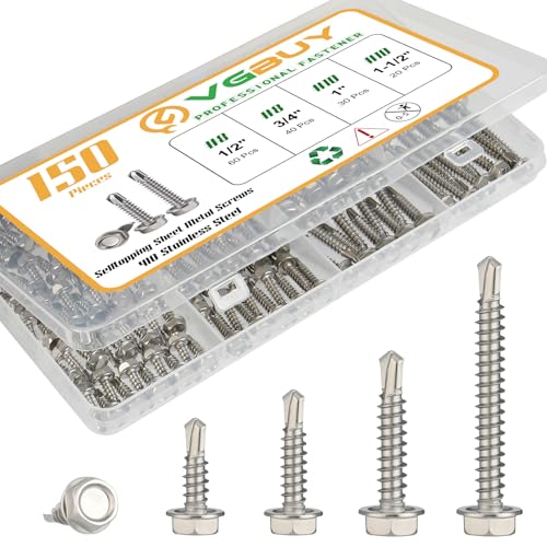 150Pcs Self Drilling Screws Assortment Kit, 410 Stainless Steel Self Tapping Sheet Metal TEK Screws, #8 1/2" 3/4" #10 1" 1-1/2", Hex Washer Head