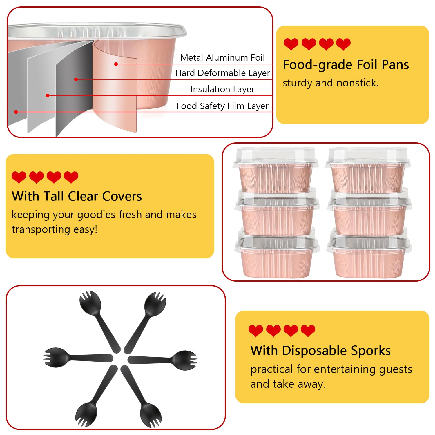 10oz Mini Cake Tins With Lids 40 Pack,LNYZQUS Aluminum Foil Small Baking Pans Disposable Large Brownie Baking Cups,4”x4” Small Bread Muffin Containers Holders For Party-Champagne
