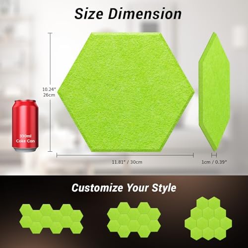 12 Pack Hexagon Acoustic Panels, TONOR 12"x 10"x 0.4" High Density Sound Proof Panels for Walls, Sound Dampening Insulation Treatment Wall Panels, Sound Absorbing Padding for Studio, Home Green