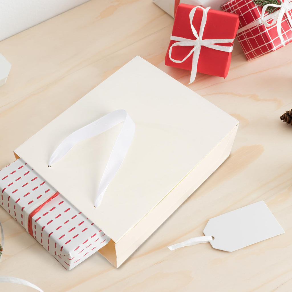 12 Pack White Gift Bags with Handles, Gift Bags Medium Size with Tissue Paper, White Paper Bags for Shopping, Small Business, Bridal Party, Wedding, Christmas and Holiday (10.6” x3.5” x8.3”)