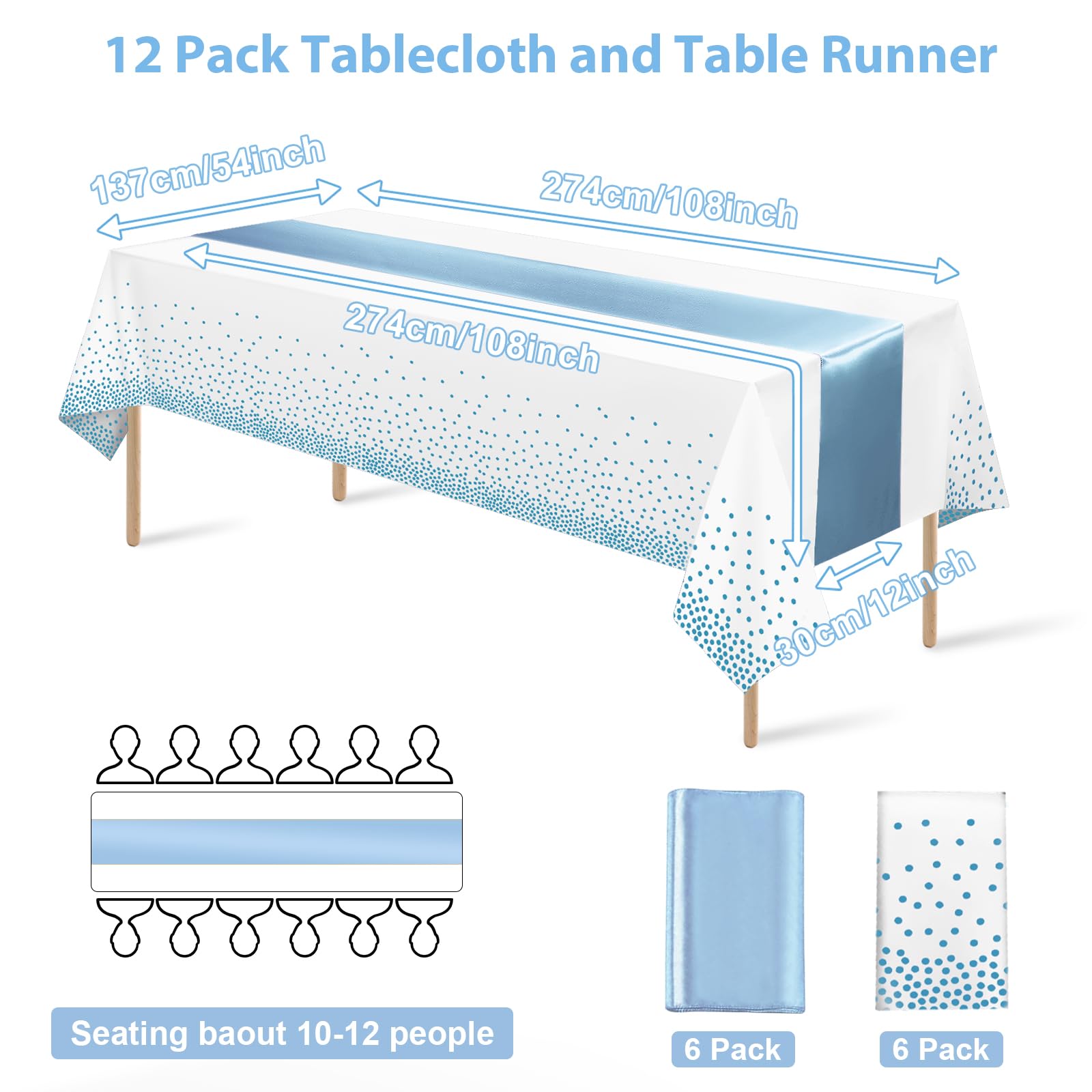 12Pack Disposable Plastic Tablecloths and Satin Table Runner Set White and Light Blue Dot Tablecloth Light Blue Satin Table Runner for Wedding Birthday Baby Shower Engagement Christmas Party Supplies