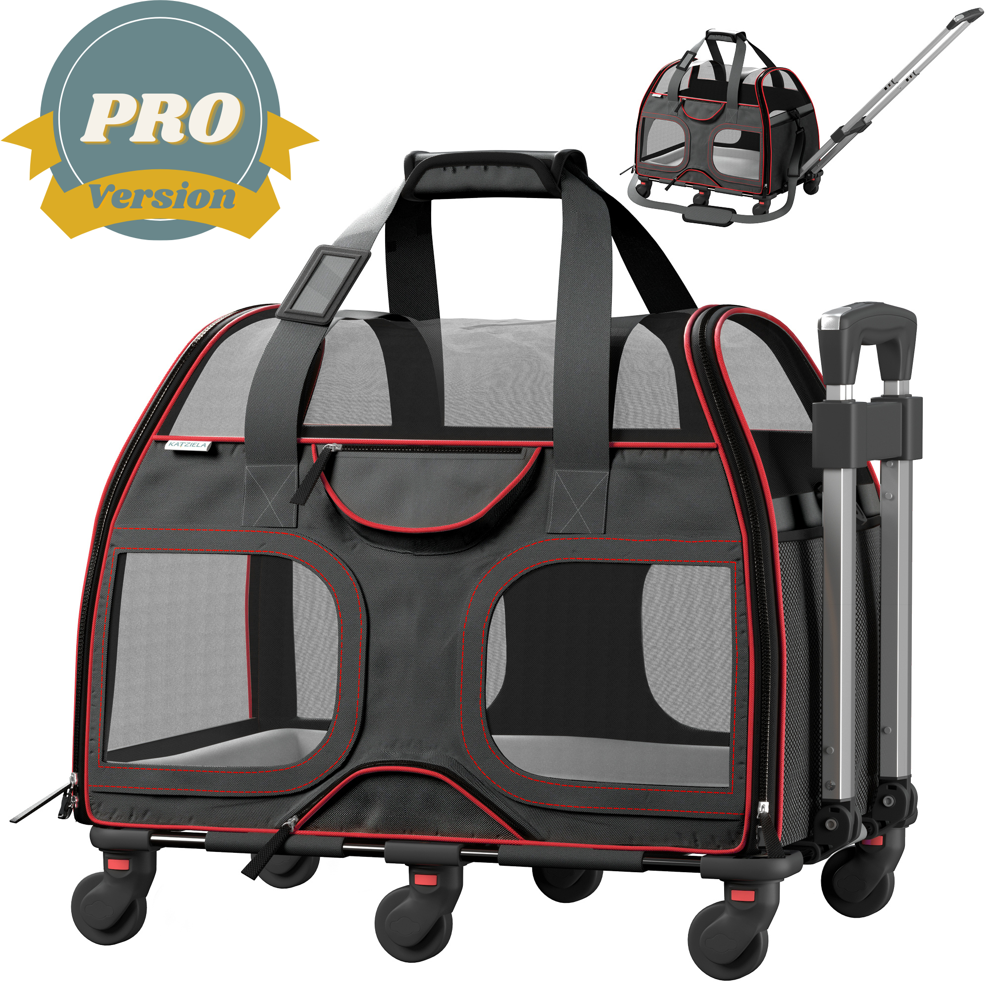 Katziela Luxury Rider Pro Pet Carrier with Removable Wheels and Telescopic Handle