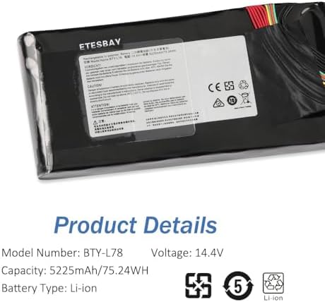 11.1V 5225mAh BTY-L78 New Laptop Battery for MSI GT62 GT62VR GT80 GT80S GT73 GT83 GT73VR GT83VR GT75VR MS-1812 MS-1814 P/N:BP-1812/2700-P for EUROCOM Tornado F5 Series for HIPAA F22 Series