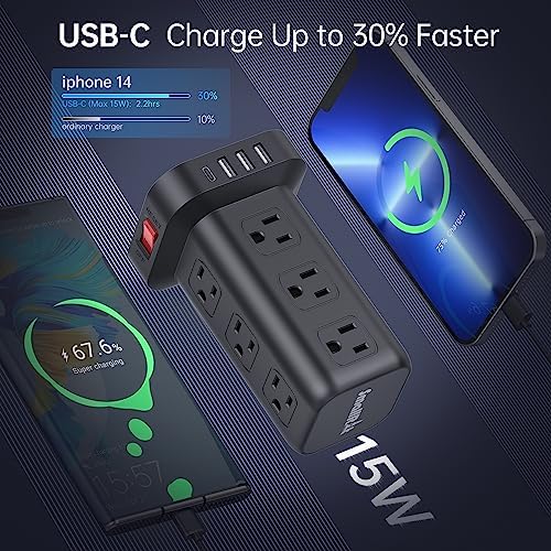 15FT USB C Power Strip Surge Protector Tower, Mini Power Strip Tower Travel 12 AC 4 USB Power Strip with USB Ports, Overload Protection for Home Office