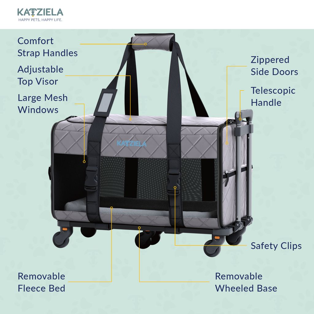 Katziela Quilted Chariot Pet Carrier With Removable Wheels and Telescopic Handle