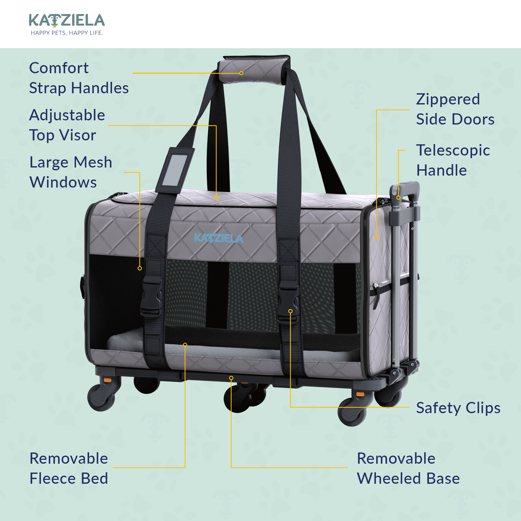 Katziela Quilted Chariot Pet Carrier With Removable Wheels and Telescopic Handle