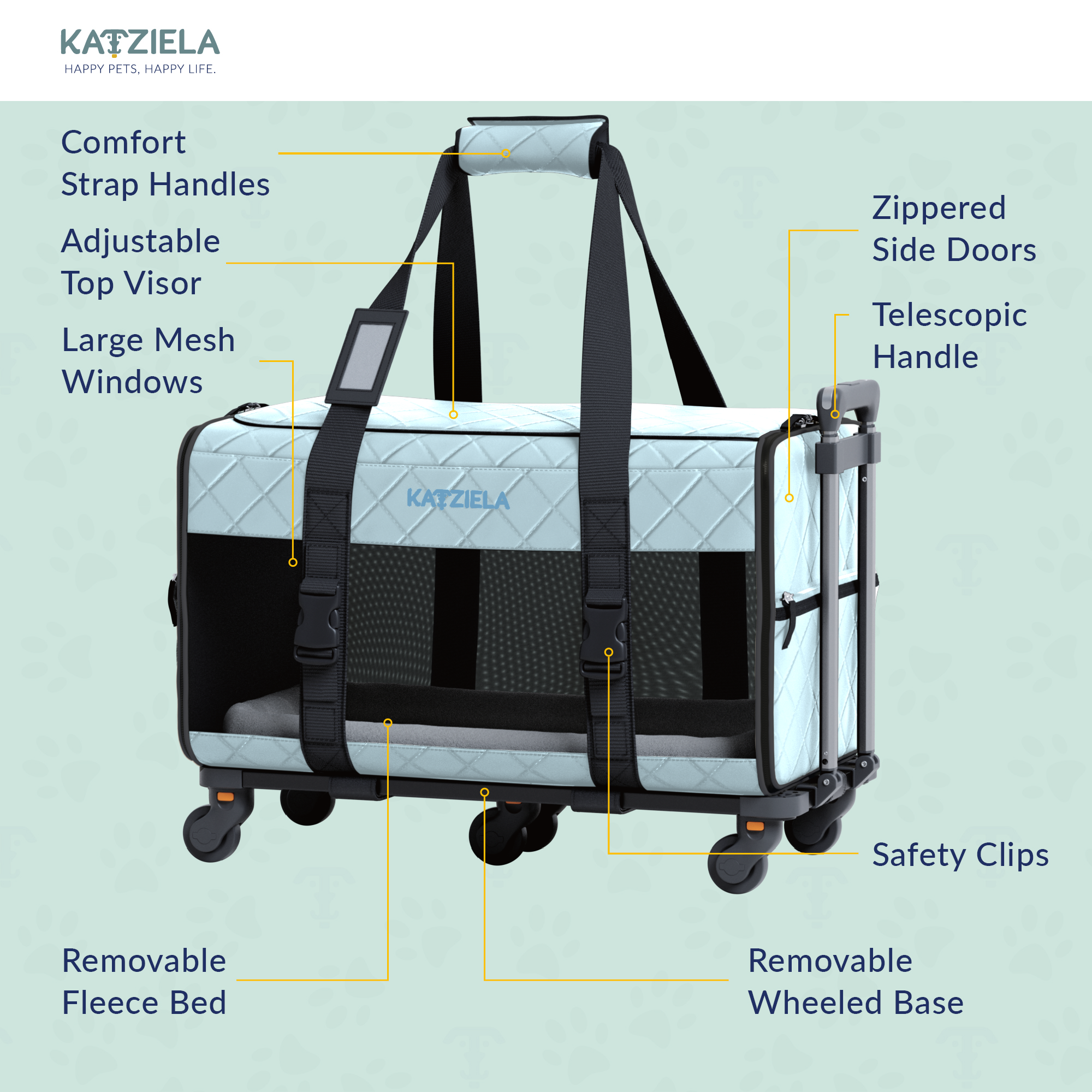 Katziela Quilted Chariot Pet Carrier With Removable Wheels and Telescopic Handle
