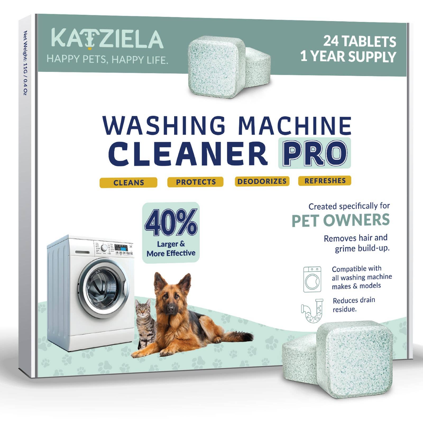 Katziela Washing Machine Cleaner Tablets – Plant-Based, Enzyme Formula for Pet Hair & Odor Removal – Fragrance-Free, Safe for All Washers