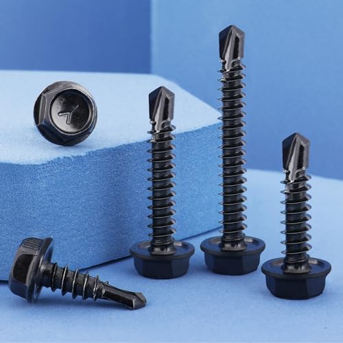 150Pcs Self Drilling Screws Assortment Kit, 410 Stainless Steel Self Tapping Sheet Metal TEK Screws, Black Zinc Plated, #8 1/2" 3/4" #10 1" 1-1/2", Hex Washer Head