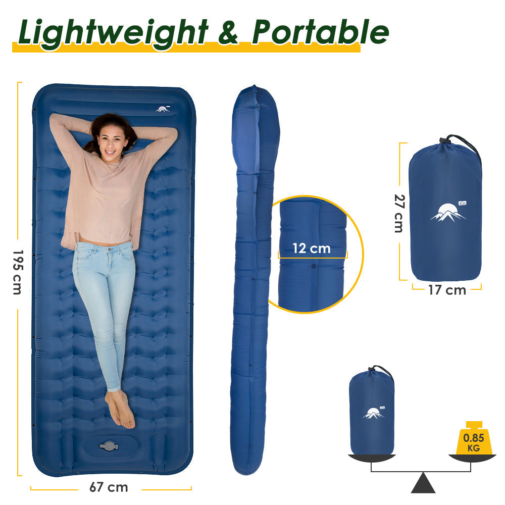 SlowTon Self Inflating Camping Mat- 12 CM Thickness Inflatable Sleeping Pad with Built-in Pump, Portable Lightweight Single Camping Air Mattress with Pillow, Double Joinable for Outdoor Hiking(Blue）