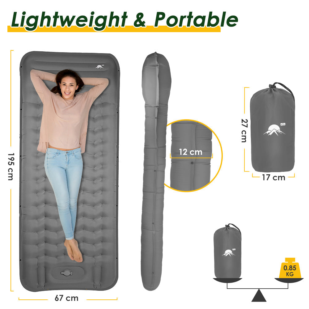 SlowTon Self Inflating Camping Mat- 12 CM Thickness Inflatable Sleeping Pad with Built-in Pump, Portable Lightweight Single Camping Air Mattress with Pillow, Double Joinable for Outdoor Hiking(Grey)