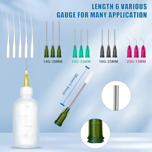 100ml Glue Precision Tip Applicator Bottle,Needle Tip Squeeze Bottle with 14ga 16ga 18ga 20ga 25ga Blunt Needle Oiler and Storage Caps