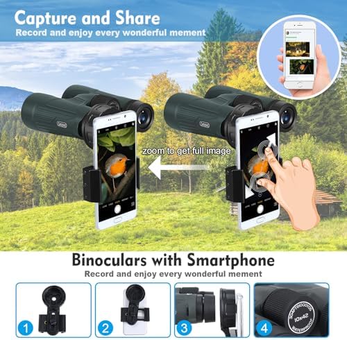 10x42 HD Binoculars for Adults High Powered with Phone Holder, BAK4 Prism Waterproof Travel Binoculars for Bird Watching Hiking Camping Wildlife Viewing Outdoor Concerts Sports