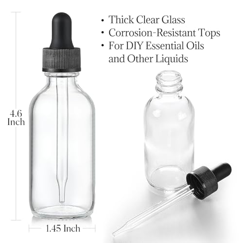 12 Pack, 2 oz Glass Eye Dropper Bottles w/ 3 Stainless Steel Funnels & 1 Long Pipette Dropper & 24 Labels - 60ml Clear Tincture Bottles for Essential Oils, Liquids - Leakproof Travel Essential Bottles