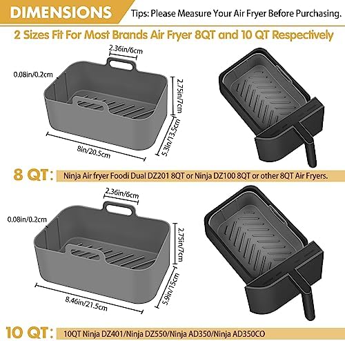 10QT Air Fryer Silicone Liners, 2Pcs Rectangular Airfryer Silicone Pot Baking Tray for Ninja Dual DZ401/DZ550 Reusable Replacement Basket Insert with Magnetic Cheat Sheet (2 Pcs Grey)