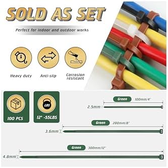12 Inch 4.8mm Green Zip Ties, 55 Lbs PA66 Heavy Duty Plastic Wire Ties, Premium Self-locking Nylon Cable Ties Decoration Tie Wraps for Christmas Tree Oudoor Infoor Gardening Fence Grid Wall, 100 Pcs