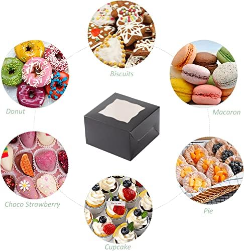 100Pcs Paper Cookie Boxes With Window Small Bakery Boxes 4x4x2.5 Inches Mini Cake Boxes For Pastries,Cupcakes,Desserts,Donuts,Chocolate Strawberries,Candy,Treat Boxes(4 * 4 * 2.5,Black)