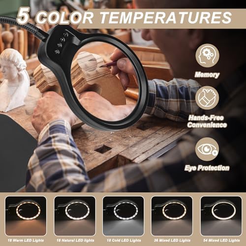 10X 30X Large Magnifying Glass with Light and Stand, 5-inch Lens, 5 Color Modes, Hands Free Magnifying Lamp for Close Work, Lighted Magnifier Desk Lamp for Craft Sewing Jewelry Painting Reading