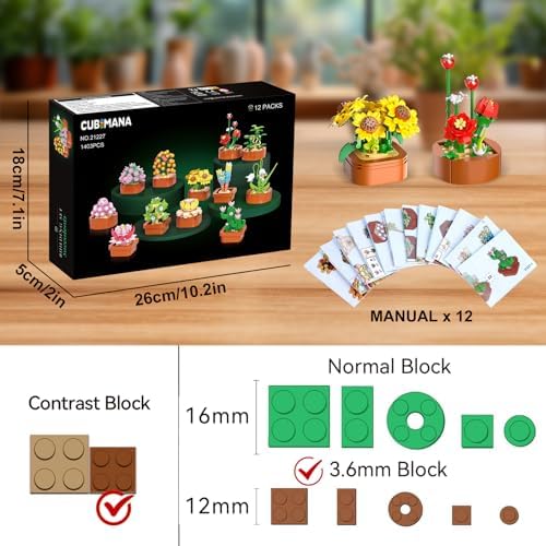 12 Flowers Succulents 3.6MM Mini Building Set - 1403PCS Flower Botanical Collection for Office Home Décor Plant Building Blocks Toy, Gifts for Valentine Mother's Day Birthday Adults Women Kids 10+