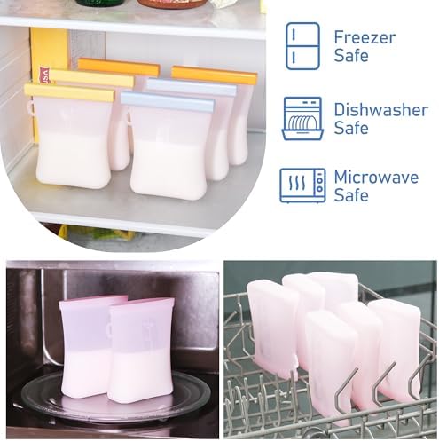12 Pcs Silicone Breastmilk Storage Bags Reusable, 8oz/240ml Double Leak-Proof Breastmilk Freezer Bags, BPA Free Self-Standing Milk Bags for Breastfeeding, Baby Food Pouches