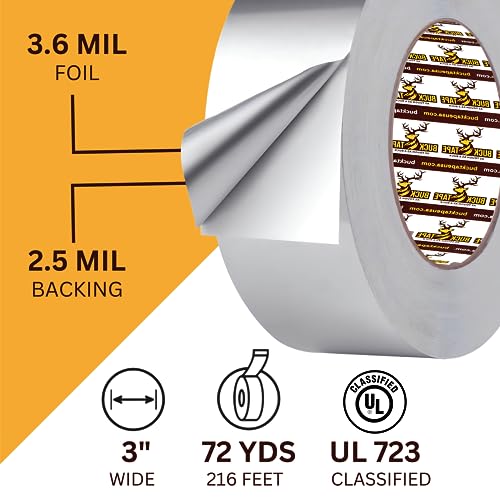 12 Pack Buck Professional Grade Aluminum Foil Tape - 3 Inch x 216ft (72 yd) 3.6 Mil - Ideal for HVAC, Insulation, Pipes & Metal Repair - Heat Resistant & Waterproof - Perfect for Sealing Ducts & Vents