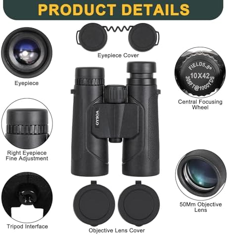 10x42 High Powered Compact Binoculars for Adults Kids - Low Light Night Vision Binoculars, Bird Watching Hunting Travel with Phone Adapter, 3-Second Rapid and Accurate Focusing, Waterproof & Anti-Fog