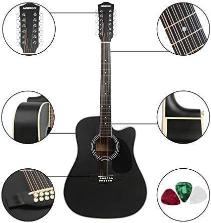 12 String Acoustic Guitar Cutaway,Adjustable Truss Rod Full Size Bundle with Gig Bag,Tuner,Strings,Strap, Picks, Black By Janerock
