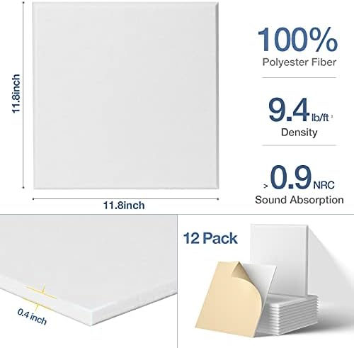 12 Pack Self-Adhesive Acoustic Panels, 12" X 12" X 0.4" High-Density Polyester Sound Proof Panels for Walls, Soundproof Wall Panels for Home & Office (White)